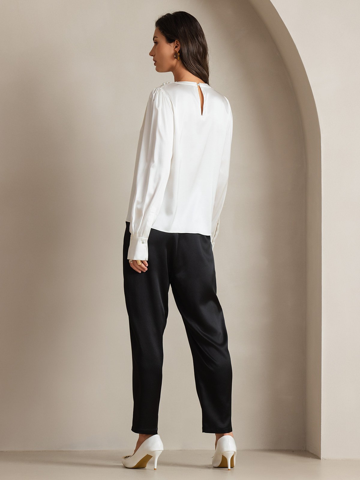 19Momme Silk Long Sleeve Boat Neck Blouse