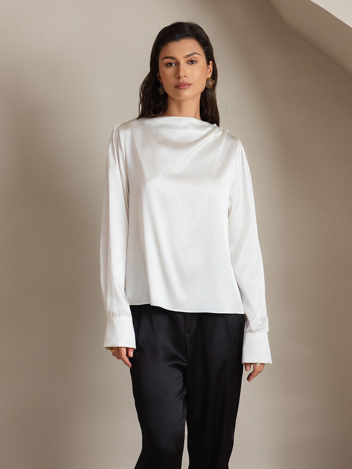 19Momme Silk Long Sleeve Boat Neck Blouse