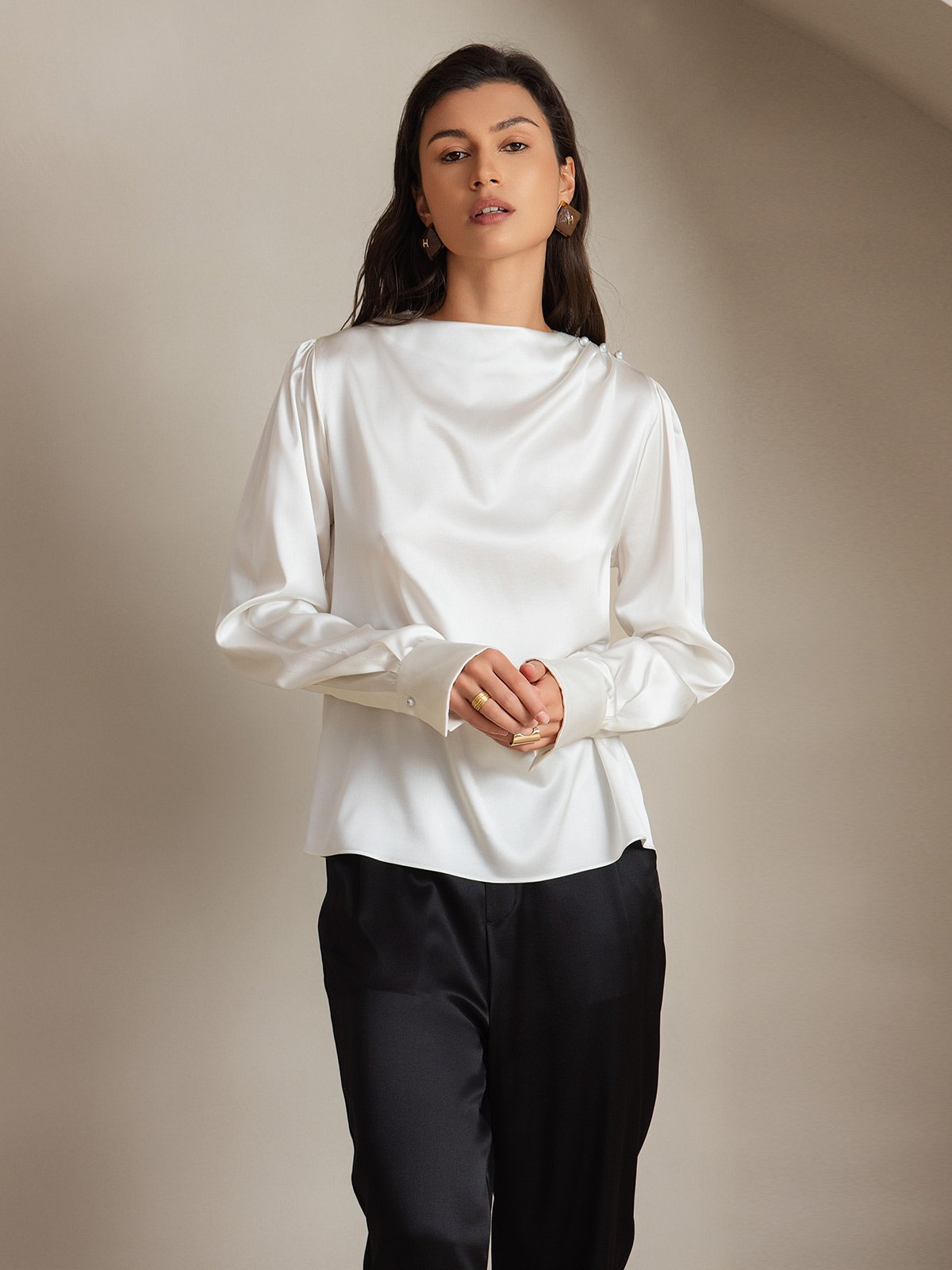 19Momme Silk Long Sleeve Boat Neck Blouse