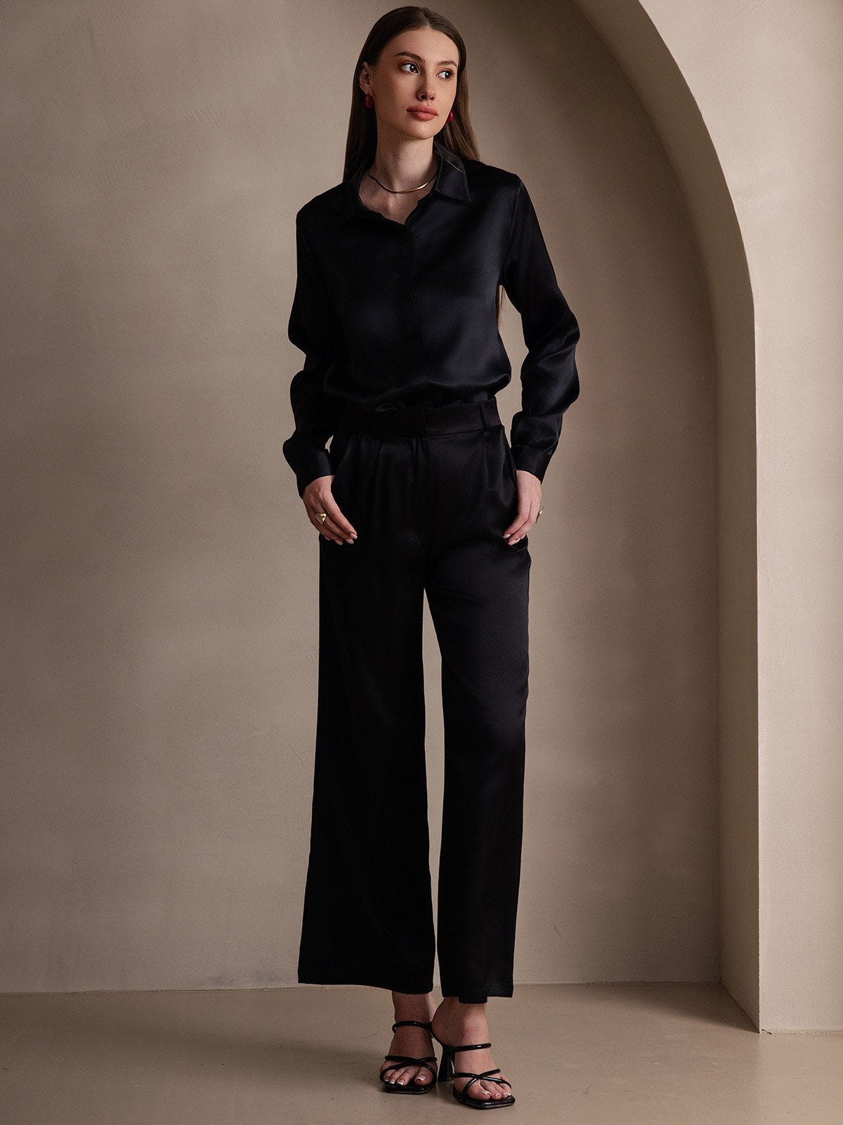 19Momme Silk Long Sleeve Lapel Collar Women's Shirt
