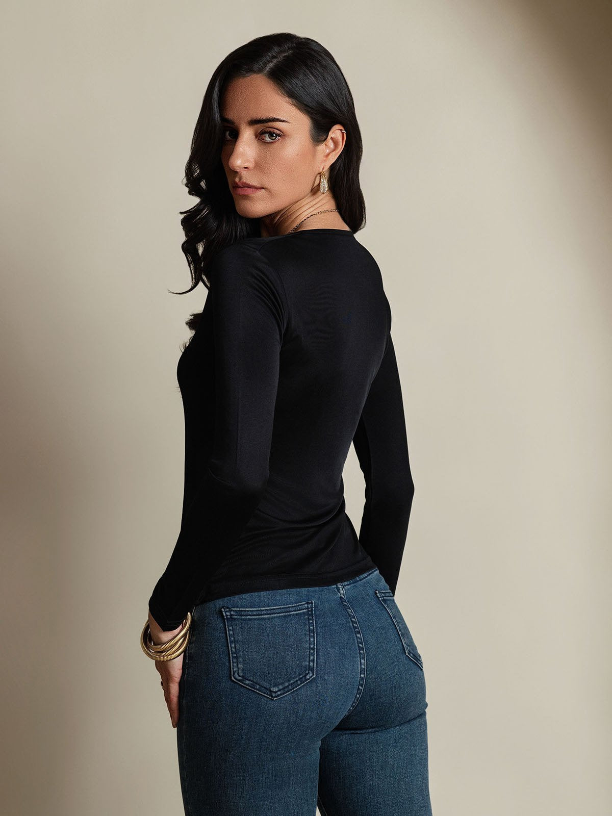 Silk Blend Round Neck Long-Sleeved T-Shirt