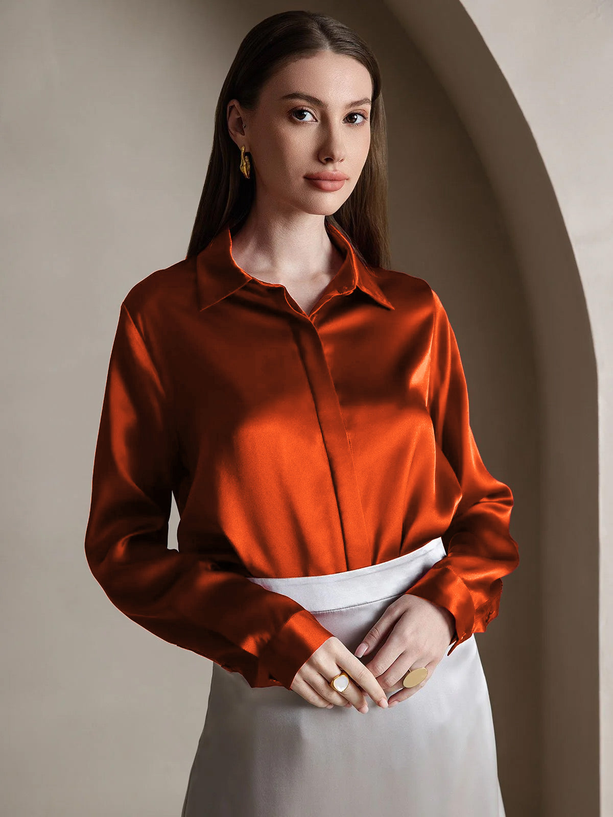 19Momme Silk Long Sleeve Lapel Collar Women's Shirt