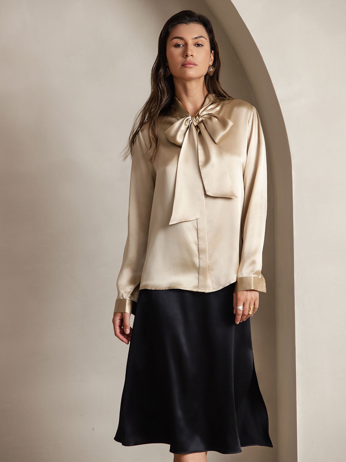 19Momme Silk Long Sleeve Tie Neck Blouse