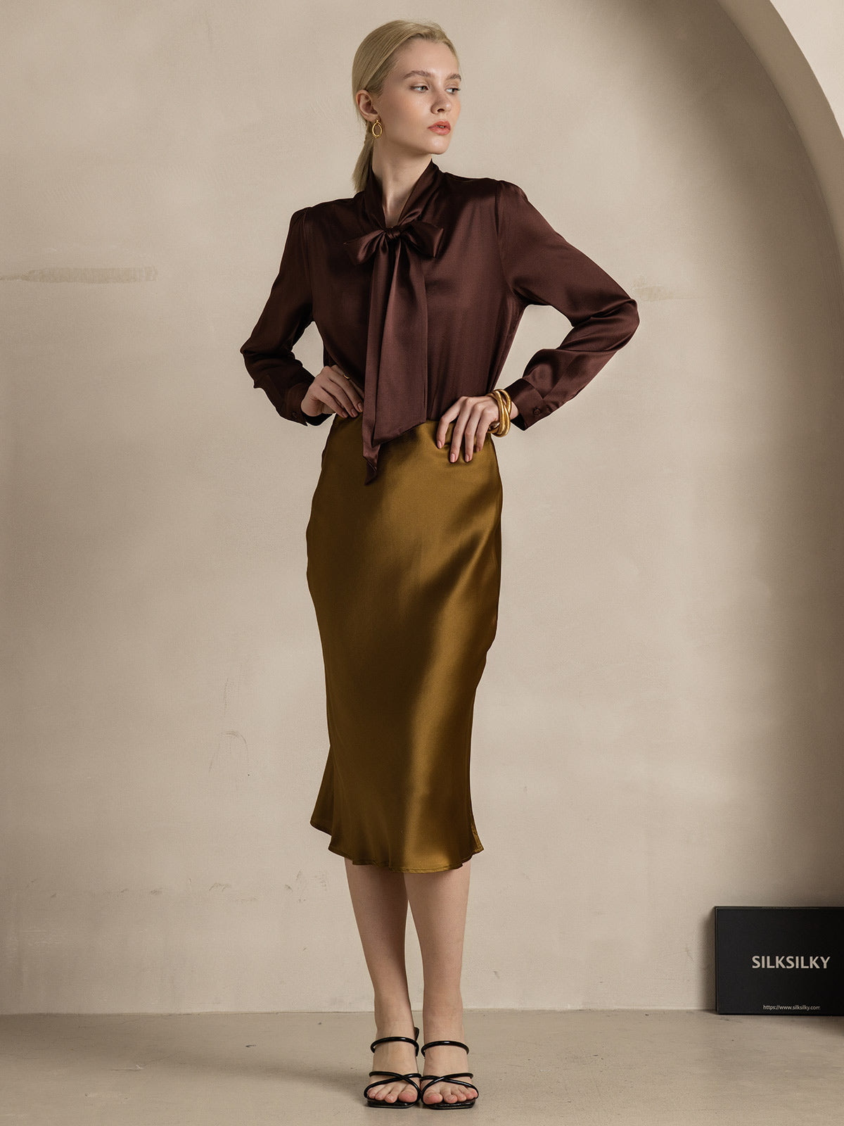 19Momme Silk Long Sleeve Tie Neck Blouse