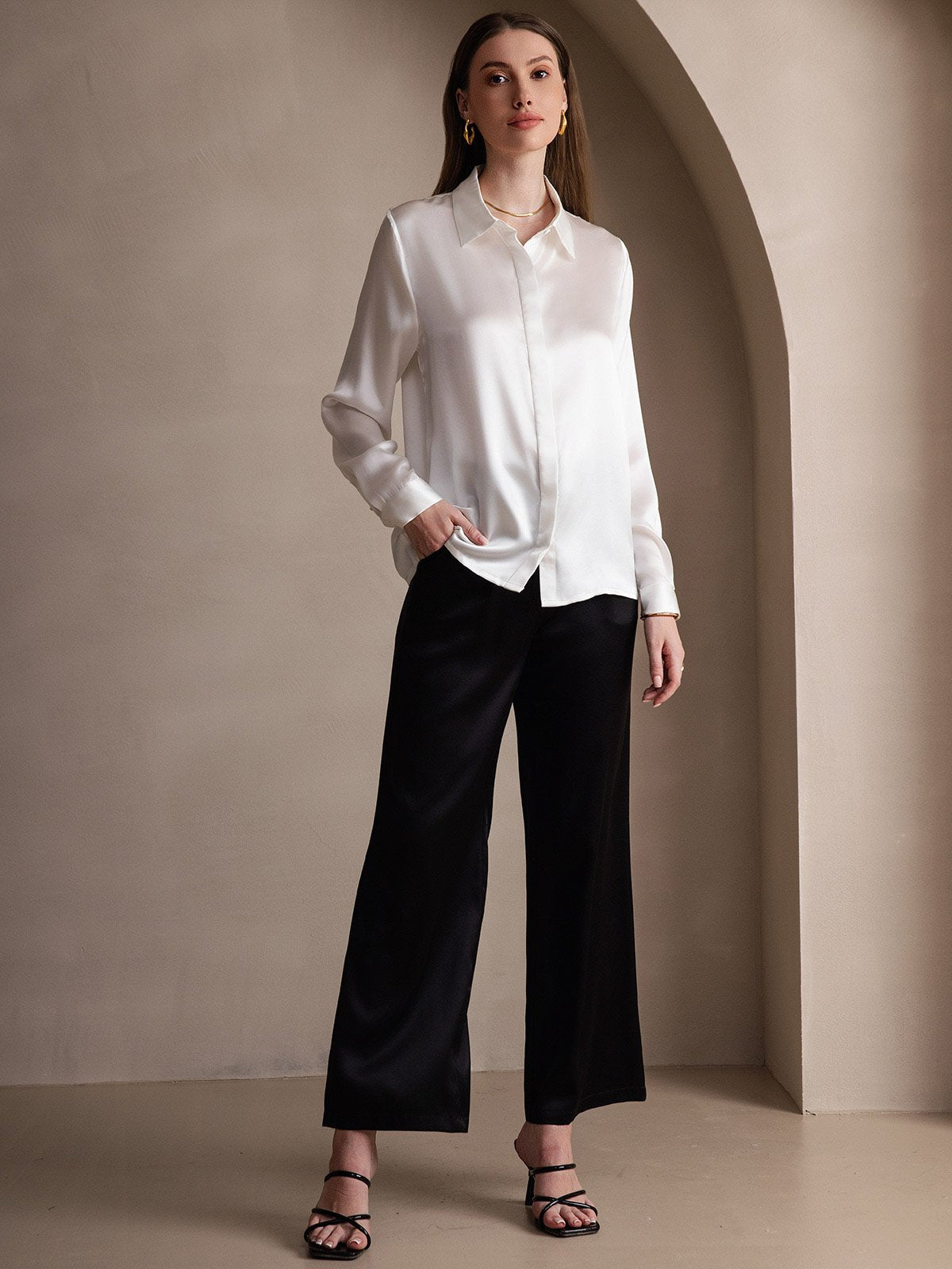 19Momme Silk Long Sleeve Lapel Collar Women's Shirt