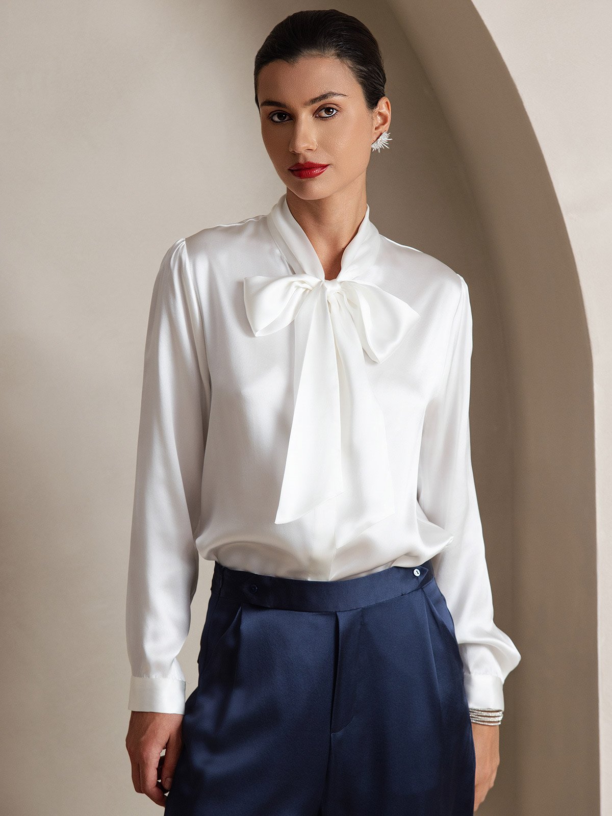 19Momme Silk Long Sleeve Tie Neck Blouse