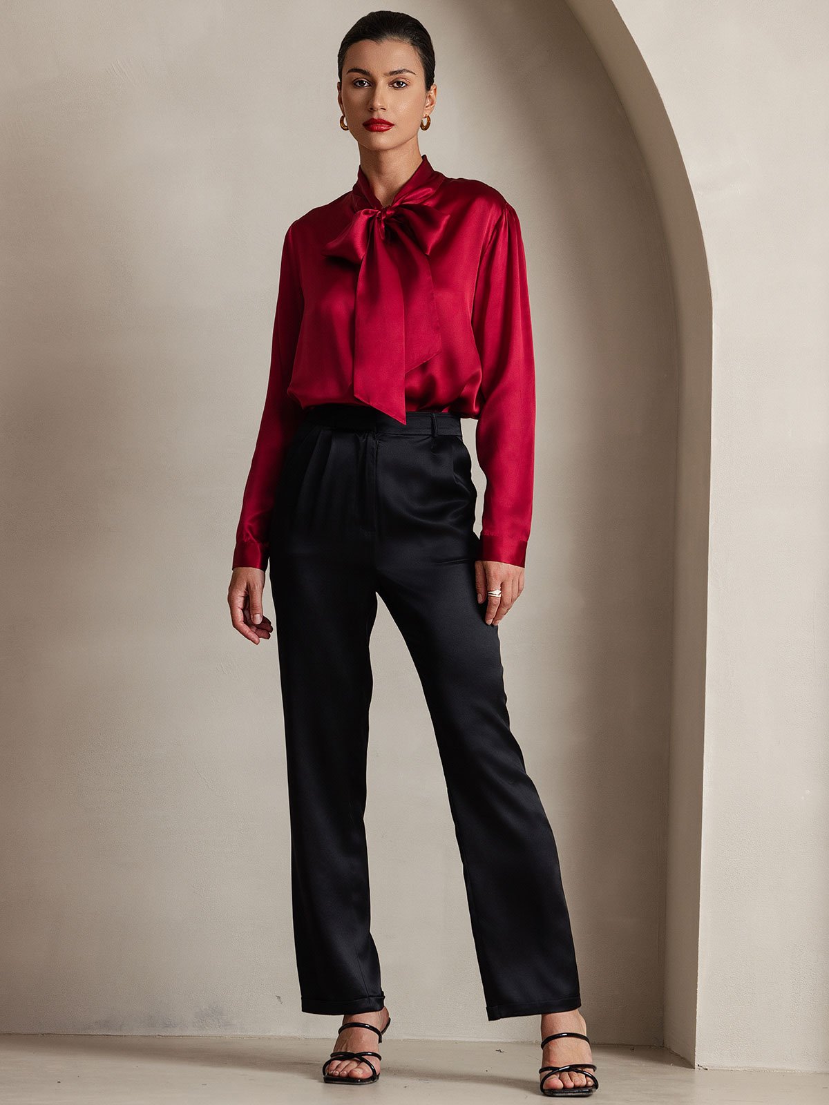 19Momme Silk Long Sleeve Tie Neck Blouse