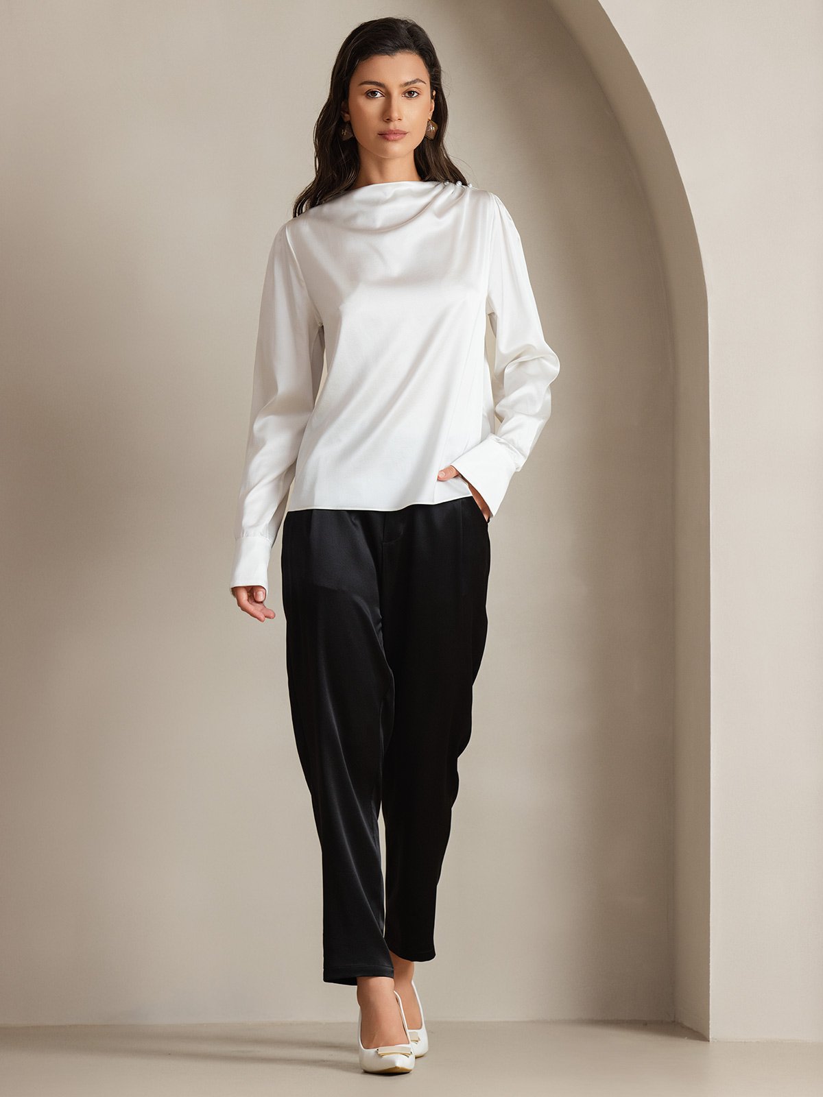 19Momme Silk Long Sleeve Boat Neck Blouse