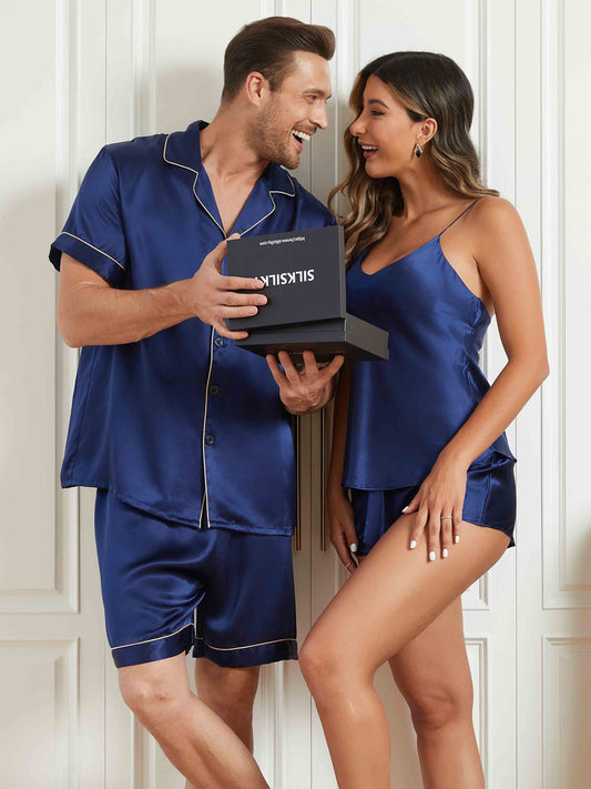 Couple Pure Silk Short Pyjama Sets Total 4Pcs