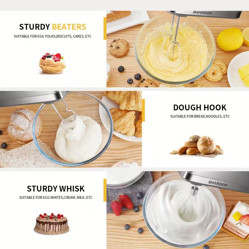 Hand Mixer, Handheld Mixer With Storage Case 5-Speed Plus Turbo Hand Mixer Electric With 5 Stainless Steel Attachments(2 Beaters, 2 Dough Hooks And 1 Whisk), Silver.