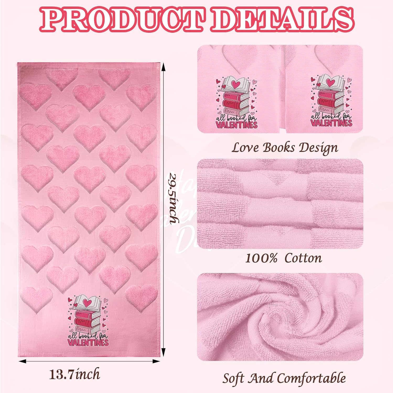 2 Pcs Heart valentines day hand towels for Bathroom 100% Cotton Pink All Book For Valentine Decorative Bath Towels Holiday Kitchen Dish Towels valentines bathroom decor Gift 13.7 x 29.5 Inch(Book)