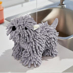 1 Pc Chenille Hand Towels Dog Shape, Cute Cartoon Absorbent Decorative Fuzzy Ball Hanging Towel for Bathroom Home 8" x 10" Grey