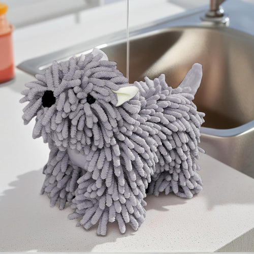 1 Pc Chenille Hand Towels Dog Shape, Cute Cartoon Absorbent Decorative Fuzzy Ball Hanging Towel for Bathroom Home 8" x 10" Grey