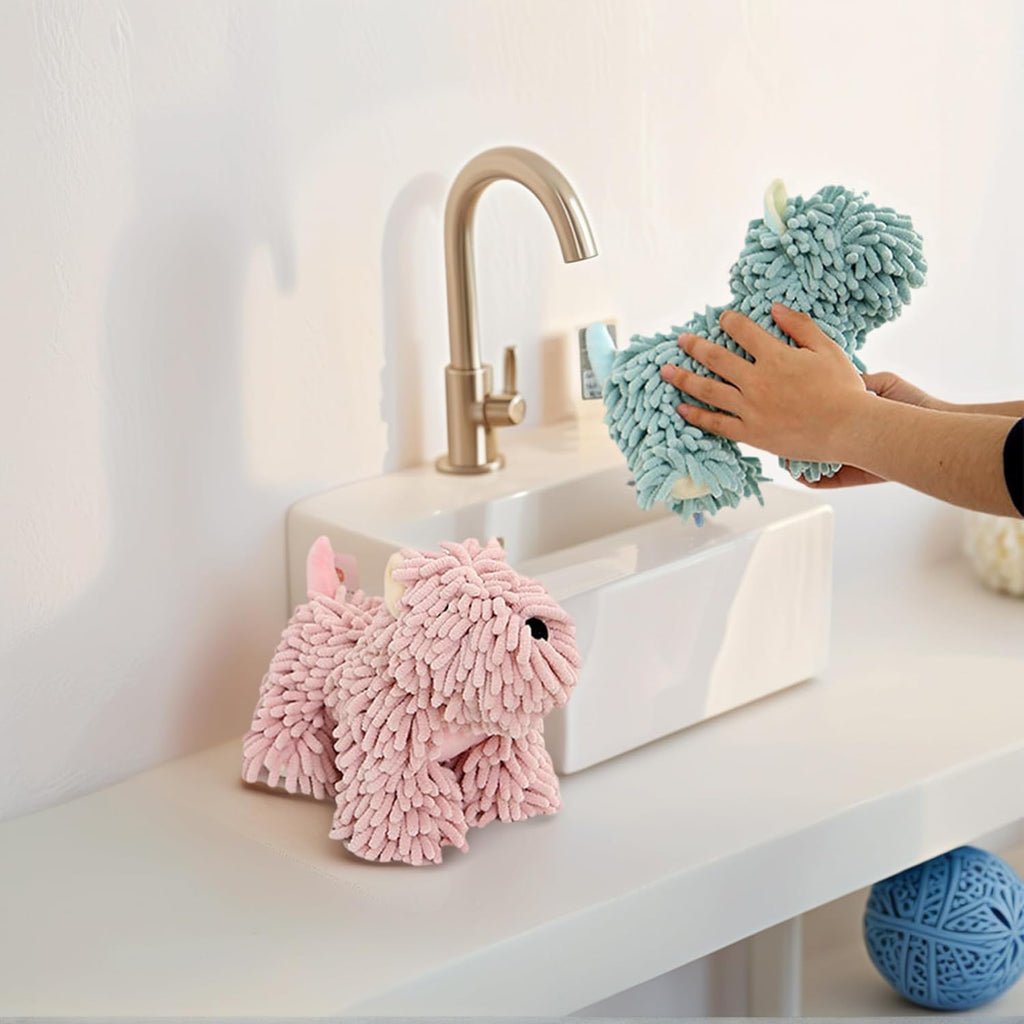 1 Pc Chenille Hand Towels Dog Shape, Cute Cartoon Absorbent Decorative Fuzzy Ball Hanging Towel for Bathroom Home 8" x 10" Grey