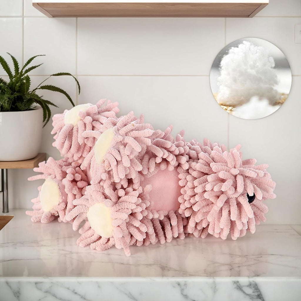 1 Pc Chenille Hand Towels Dog Shape, Cute Cartoon Absorbent Decorative Fuzzy Ball Hanging Towel for Bathroom Home 8" x 10" Grey