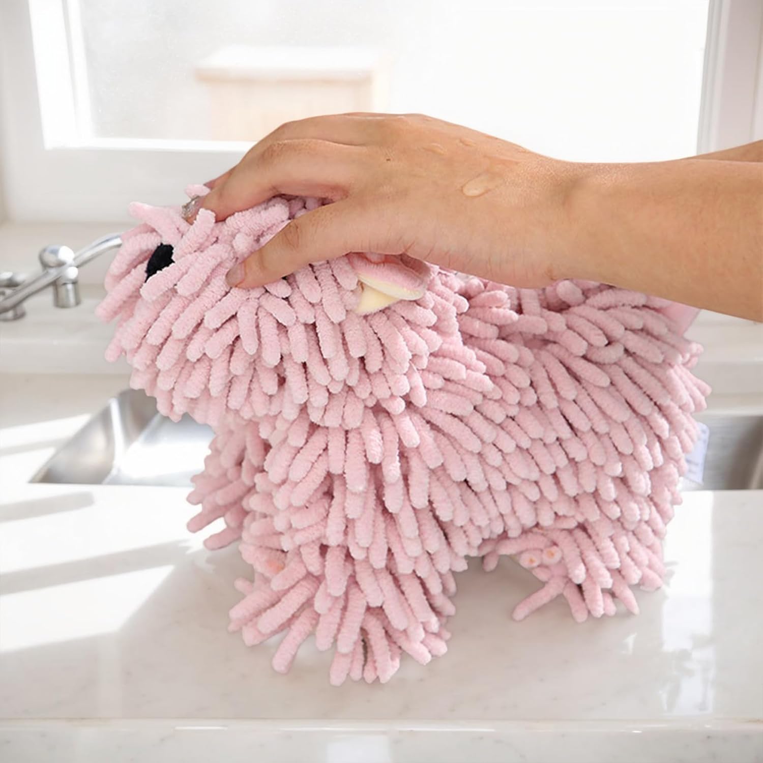 1 Pc Chenille Hand Towels Dog Shape, Cute Cartoon Absorbent Decorative Fuzzy Ball Hanging Towel for Bathroom Home 8" x 10" Grey