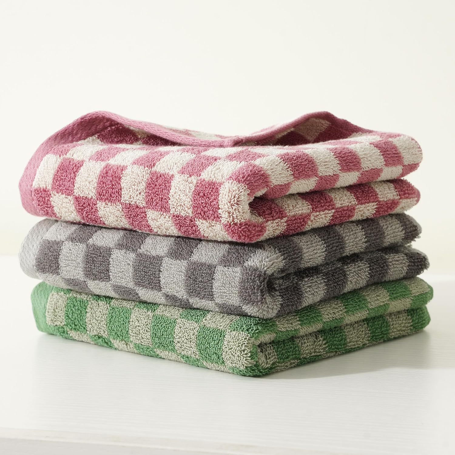 3 Piece Checkered Hand Towels for Bathroom in Pink Gray Green, Soft Absorbent Cotton Face Towels Bath Towels with Buffalo Checkered Pattern,Towel Set for Kitchen, 13"×30"