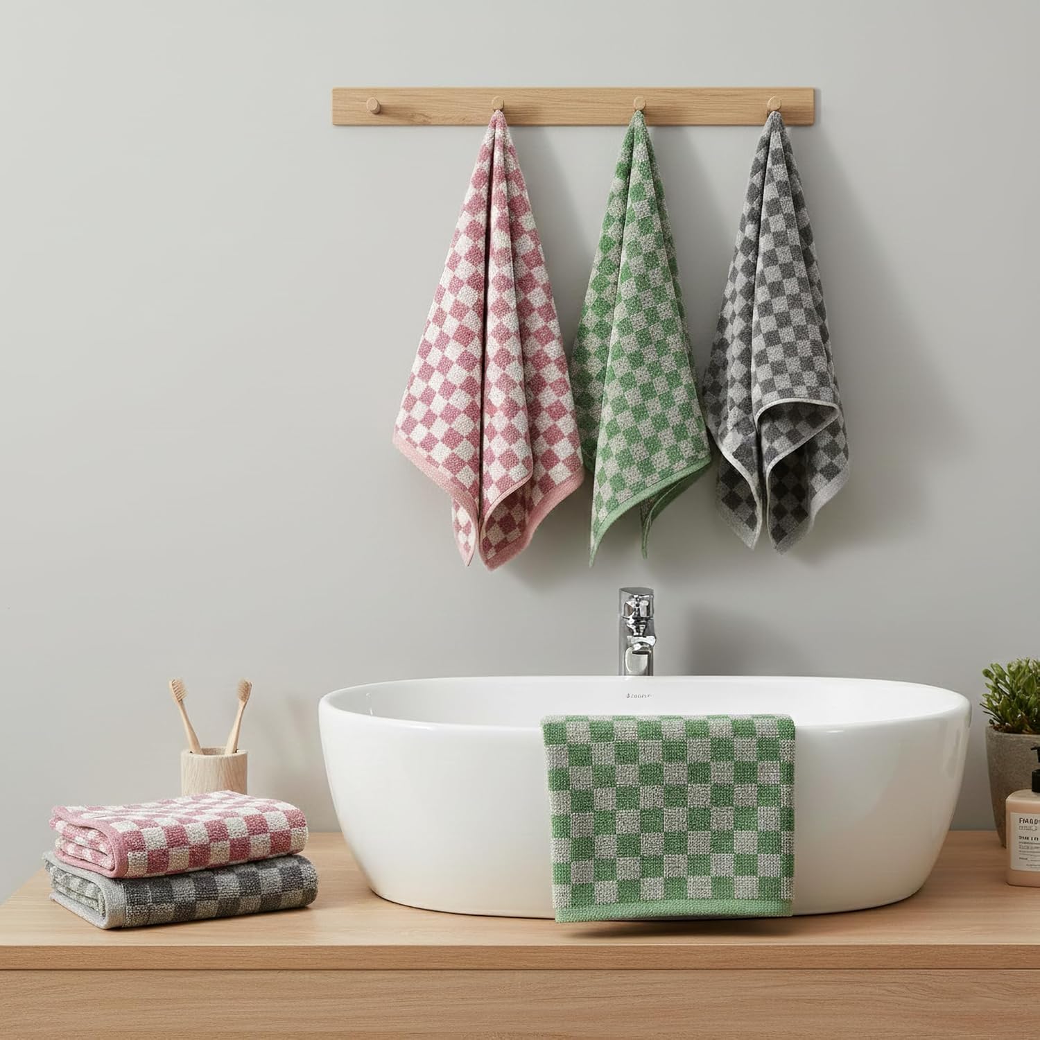 3 Piece Checkered Hand Towels for Bathroom in Pink Gray Green, Soft Absorbent Cotton Face Towels Bath Towels with Buffalo Checkered Pattern,Towel Set for Kitchen, 13"×30"