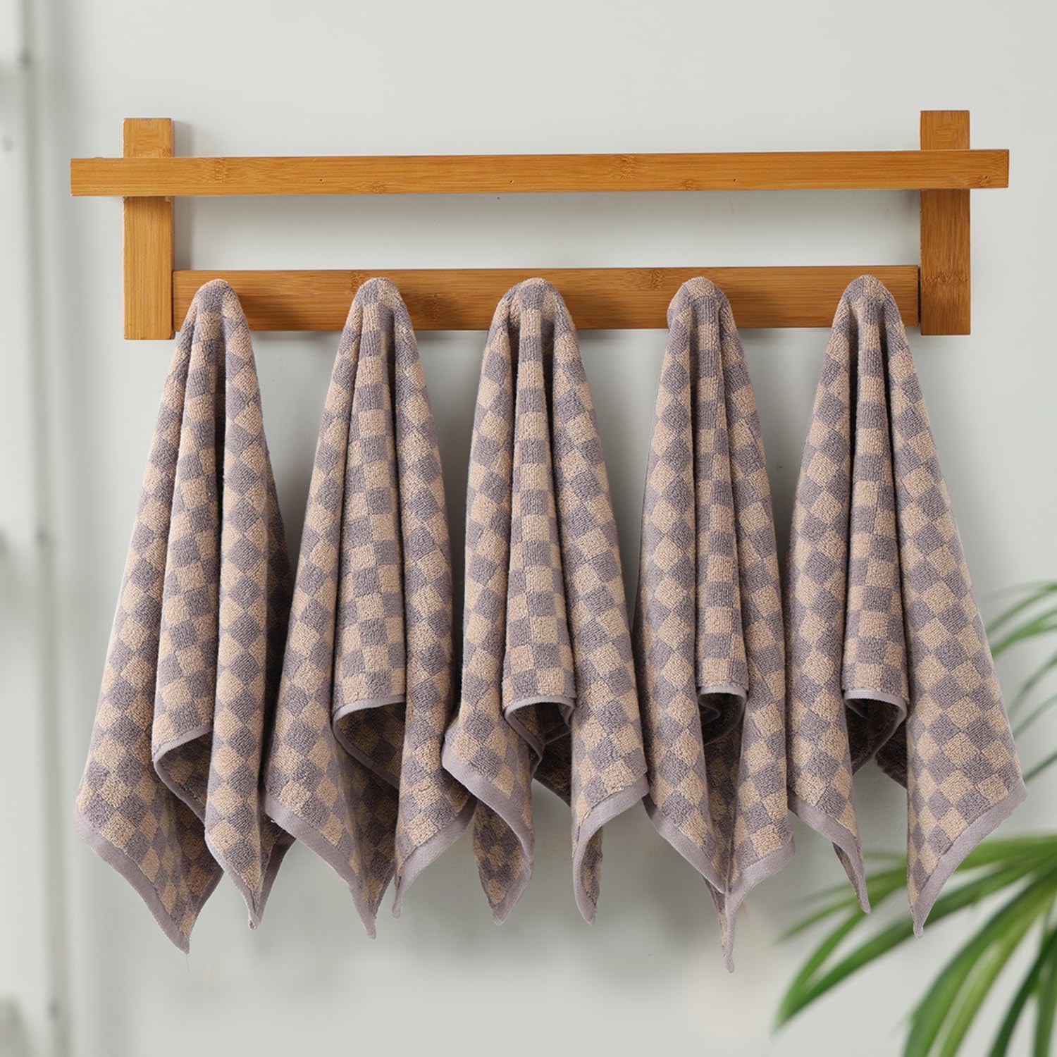 5 Pack Hand Towels for Bathroom, Soft Absorbent Kitchen Towels Cotton Bath Towels Checkered Decorative Brown Towels, 13 x 29 Inches