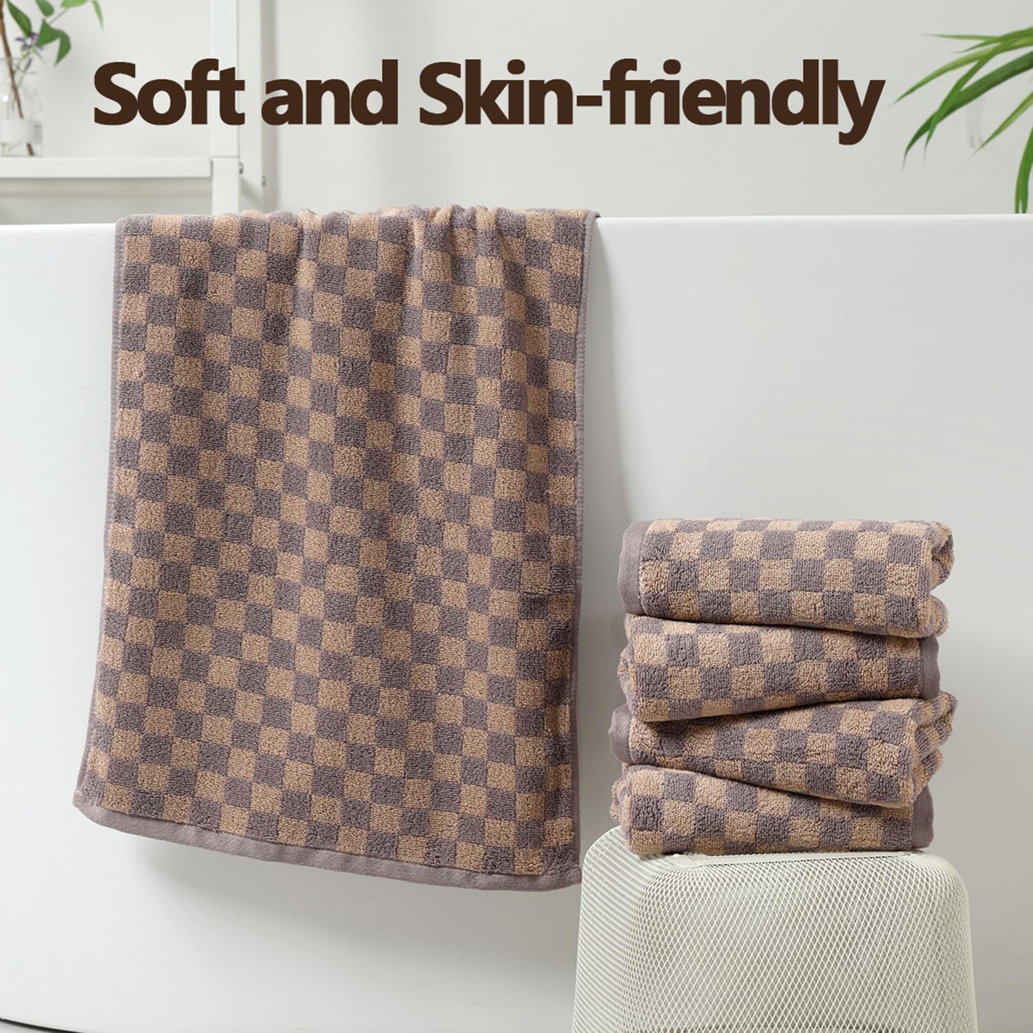 5 Pack Hand Towels for Bathroom, Soft Absorbent Kitchen Towels Cotton Bath Towels Checkered Decorative Brown Towels, 13 x 29 Inches