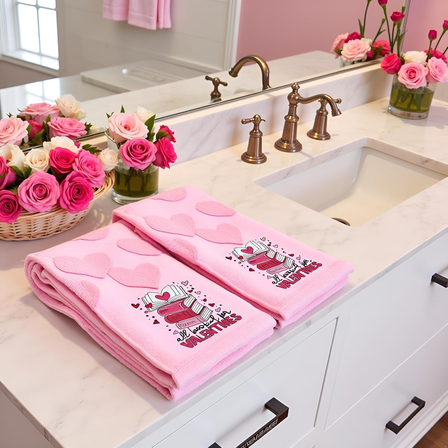2 Pcs Heart valentines day hand towels for Bathroom 100% Cotton Pink All Book For Valentine Decorative Bath Towels Holiday Kitchen Dish Towels valentines bathroom decor Gift 13.7 x 29.5 Inch(Book)