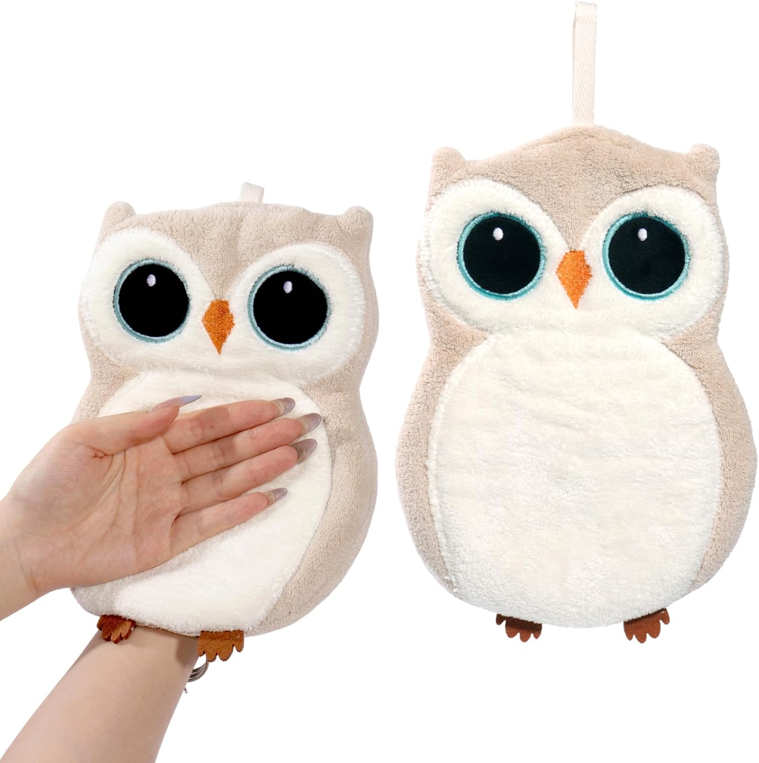 Coral Fleece Wall-Mounted Hand Towels, Super Absorbent & Quick-Dry Hanging Kitchen Bath Towels with Hanging Loop, Soft Durable Cute Owl & Koala Designs for Bathroom, Kitchen, Home Decor (Beige owl)