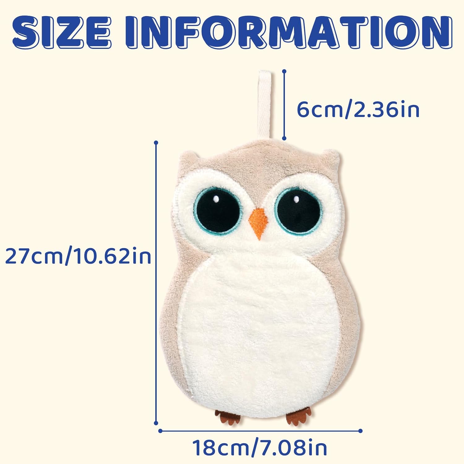 Coral Fleece Wall-Mounted Hand Towels, Super Absorbent & Quick-Dry Hanging Kitchen Bath Towels with Hanging Loop, Soft Durable Cute Owl & Koala Designs for Bathroom, Kitchen, Home Decor (Beige owl)