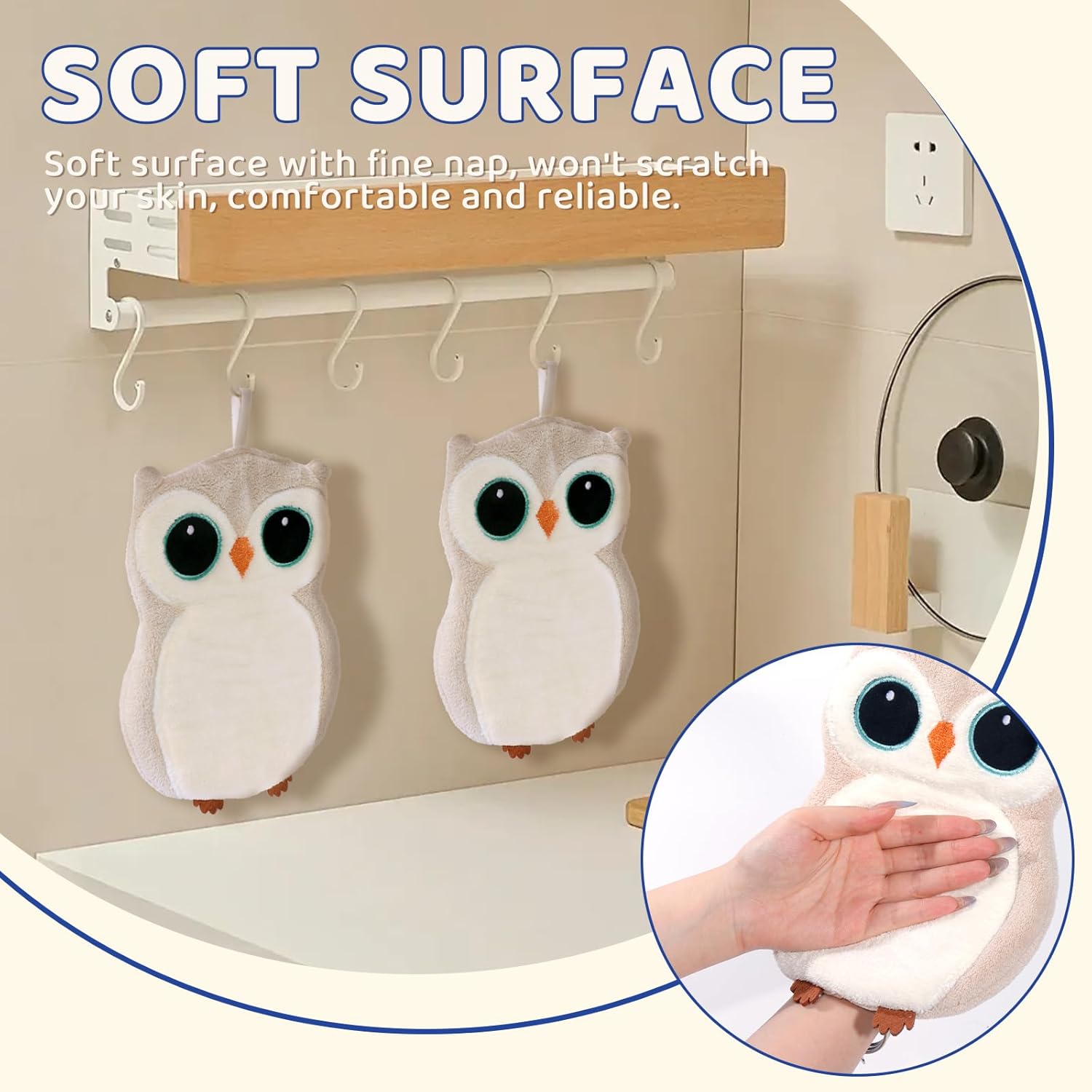 Coral Fleece Wall-Mounted Hand Towels, Super Absorbent & Quick-Dry Hanging Kitchen Bath Towels with Hanging Loop, Soft Durable Cute Owl & Koala Designs for Bathroom, Kitchen, Home Decor (Beige owl)