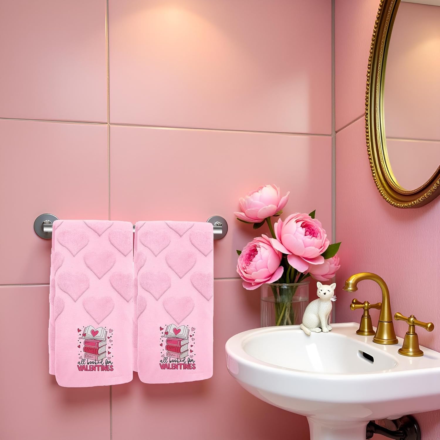 2 Pcs Heart valentines day hand towels for Bathroom 100% Cotton Pink All Book For Valentine Decorative Bath Towels Holiday Kitchen Dish Towels valentines bathroom decor Gift 13.7 x 29.5 Inch(Book)