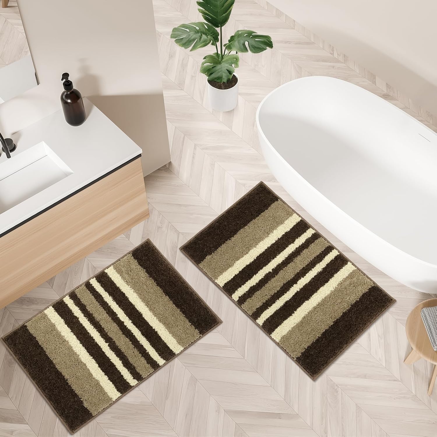 2 Piece Bathroom Rug Set 18''x28''+18''x28''– Soft & Quick-Dry Polyester Bath Mat Set with TPR Non-Slip Backing – Absorbent Bathroom Floor Rugs for Shower, Tub, and Sink. (Brown Stripes)