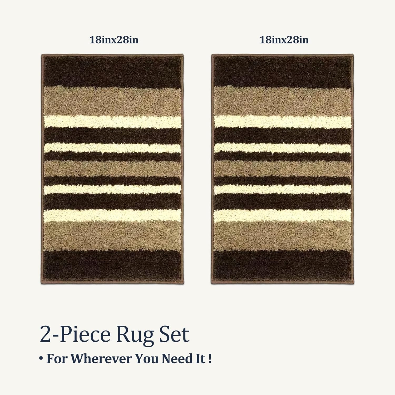 2 Piece Bathroom Rug Set 18''x28''+18''x28''– Soft & Quick-Dry Polyester Bath Mat Set with TPR Non-Slip Backing – Absorbent Bathroom Floor Rugs for Shower, Tub, and Sink. (Brown Stripes)