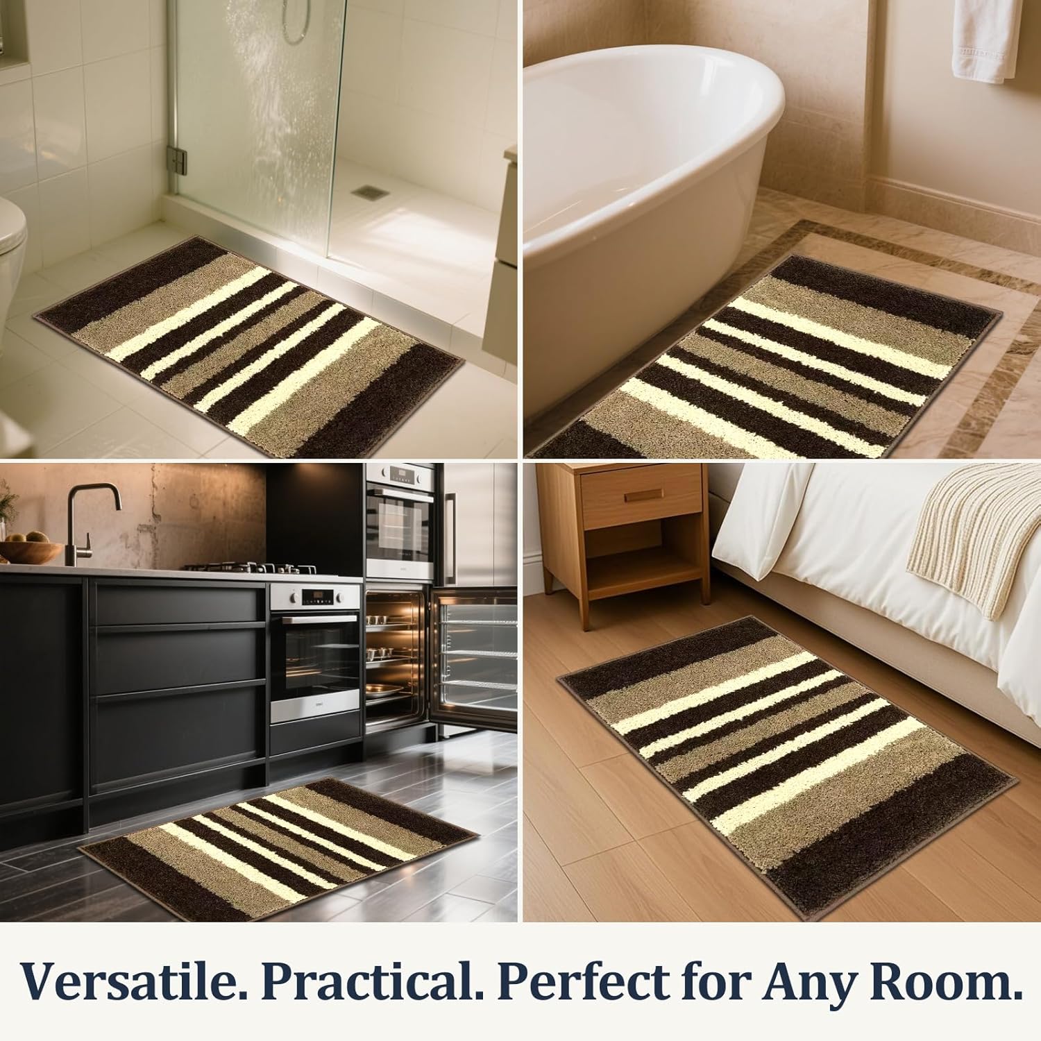 2 Piece Bathroom Rug Set 18''x28''+18''x28''– Soft & Quick-Dry Polyester Bath Mat Set with TPR Non-Slip Backing – Absorbent Bathroom Floor Rugs for Shower, Tub, and Sink. (Brown Stripes)