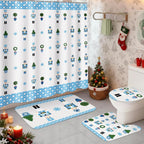 4 Pcs Blue and White Christmas Nutcracker Shower Curtain Set Waterproof Chinoiserie Nutcracker Bathroom Curtain, Non Slip Rug Toilet Lid Cover Bath Mat 12 Hooks for Xmas Holiday Bathroom Decor 72x72''