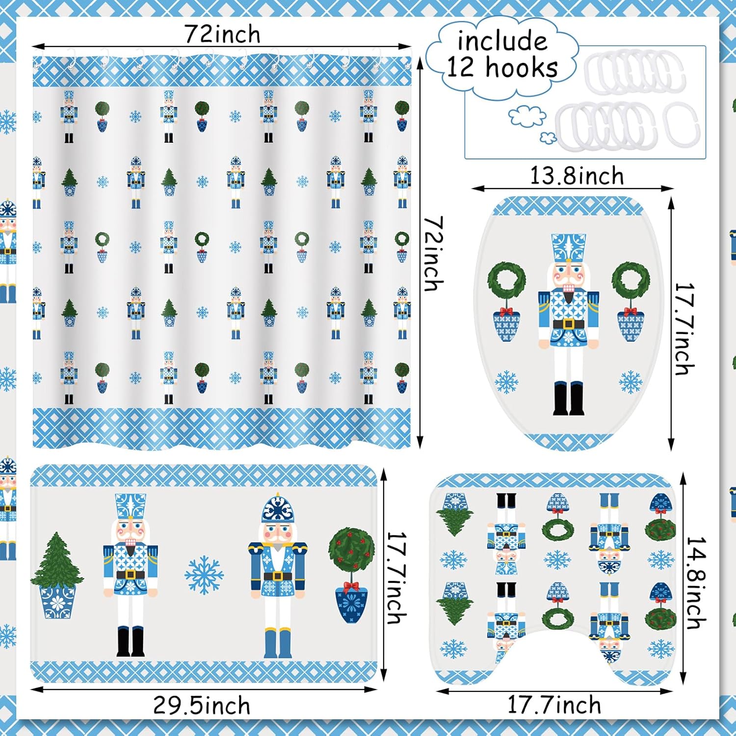 4 Pcs Blue and White Christmas Nutcracker Shower Curtain Set Waterproof Chinoiserie Nutcracker Bathroom Curtain, Non Slip Rug Toilet Lid Cover Bath Mat 12 Hooks for Xmas Holiday Bathroom Decor 72x72''