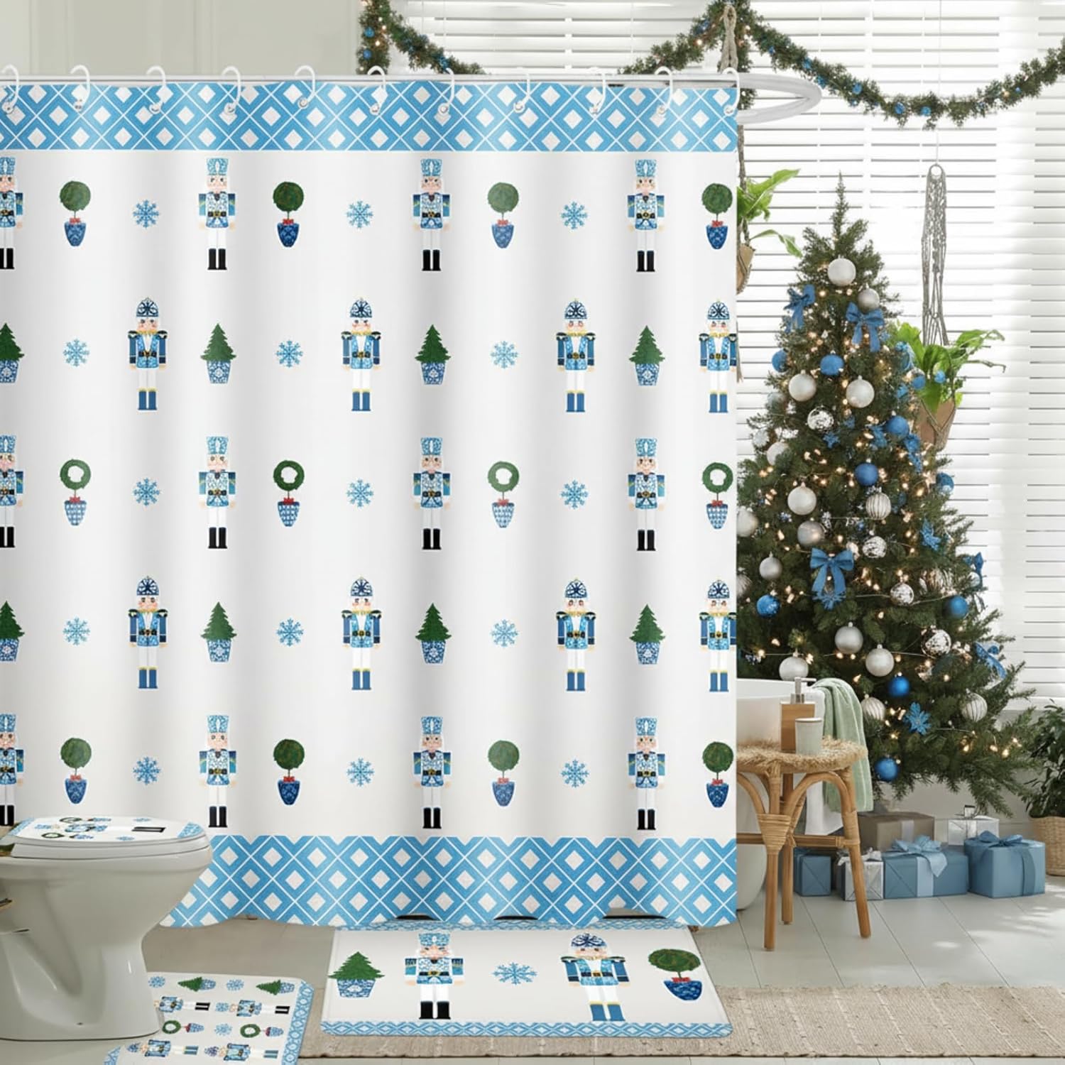 4 Pcs Blue and White Christmas Nutcracker Shower Curtain Set Waterproof Chinoiserie Nutcracker Bathroom Curtain, Non Slip Rug Toilet Lid Cover Bath Mat 12 Hooks for Xmas Holiday Bathroom Decor 72x72''