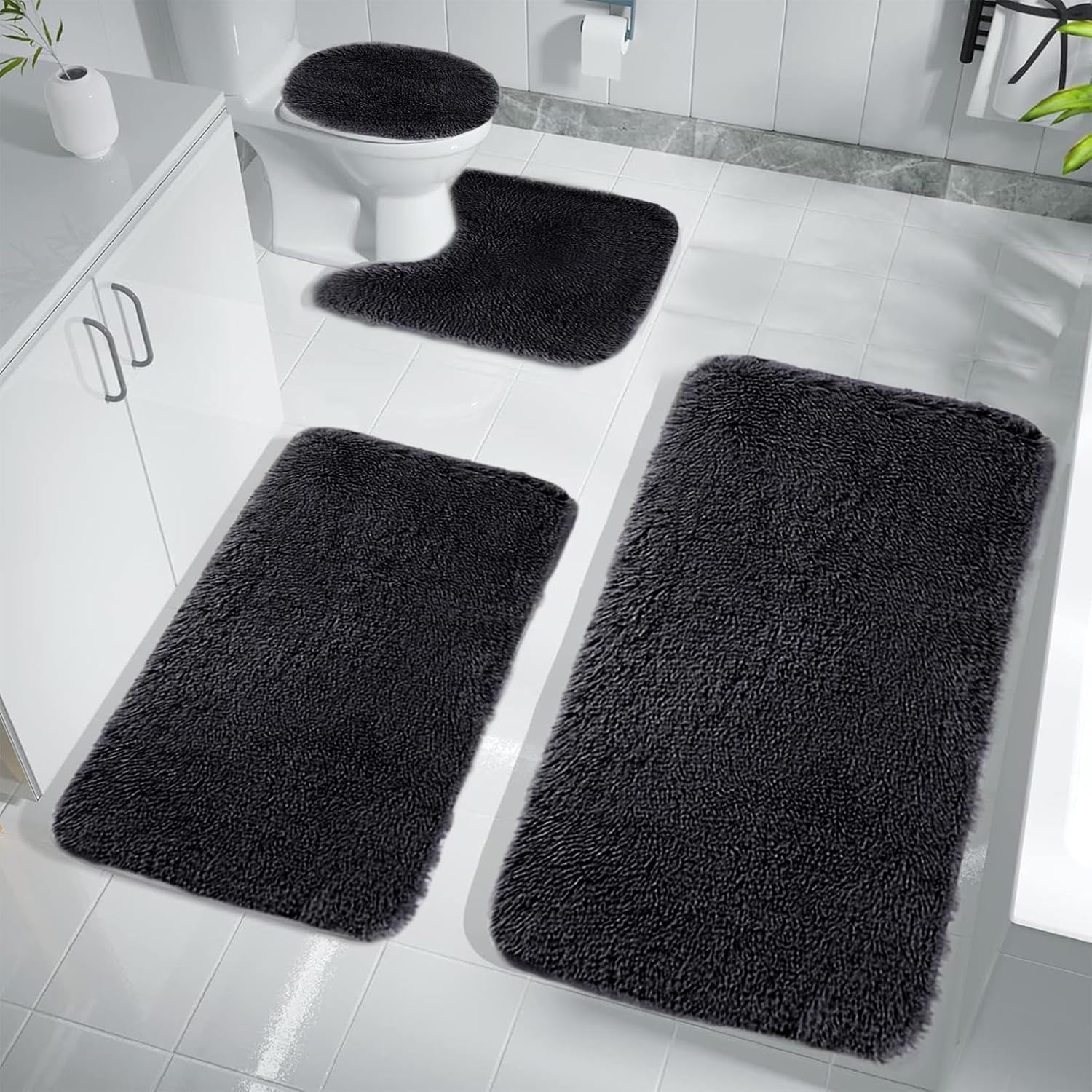 4 Piece Bathroom Rug Set, Bath Mat Set of 4 Toilet Mats, Toilet Cover Rugs Sets, Colorful Soft Microfiber Bathtub Kitchen Mat, Water Absorption Non Slip Thick Red Bathroom Rugs (Black 4pcs)