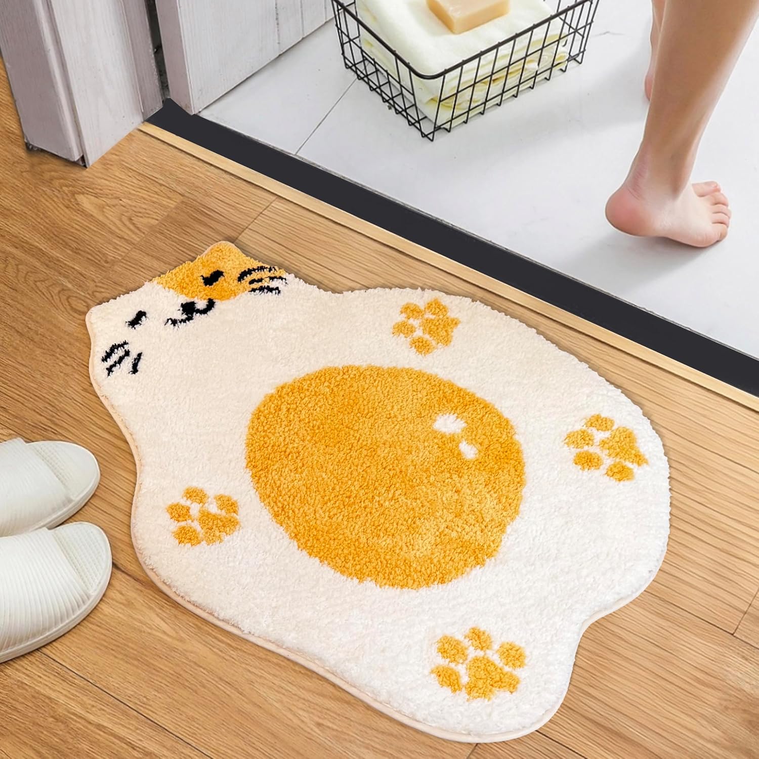 Adorable Cute Cat Bath Mat, Non Slip Egg-CAT Bathroom Rug, Absorbent Cute Palm Shaped Bathtub Rug Bathroom Plush Shower Rugs (17"X21")