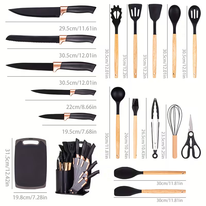 Kitchen Knife Set | 19pcs Premium Silicone Kitchen Utensil & Knife Set - Heat-Resistant, Non-Stick Safe Cooking Tools With Wooden Handles & Chef Knives - Includes Storage Stand | Perfect Gift For Christmas Day, Halloween, Suitable For Home Dormitory