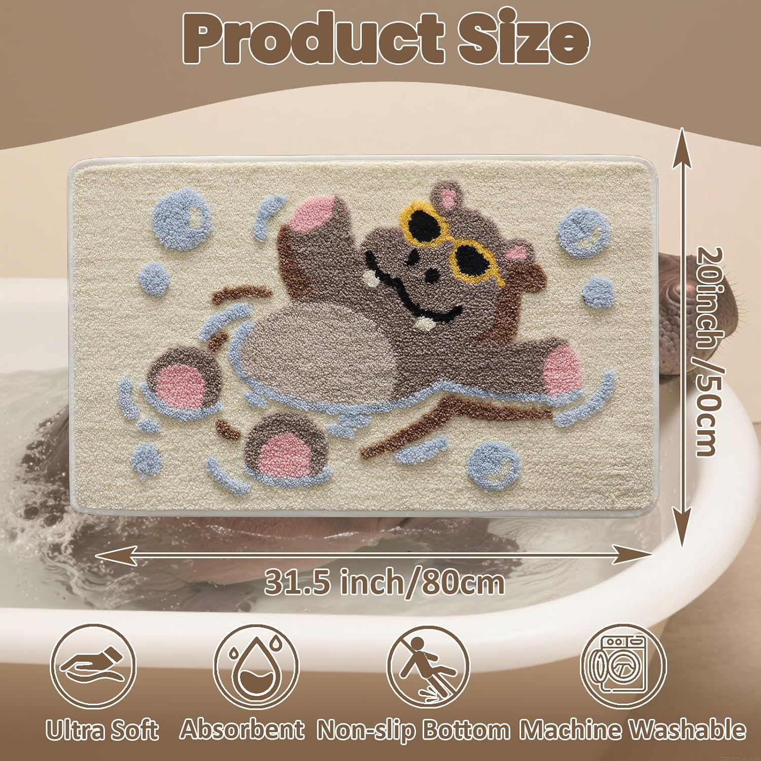 Animal Bath Mat, Cute Cartoon Hippo Floor Mat, Ultra Soft & Non-Slip Door Mat, Absorbent Microfiber Bath Rugs, Machine Washable Bath Rug Carpet for Toilet Bathtub Kitchen 20 x 31 Inch (Hippo Beige)