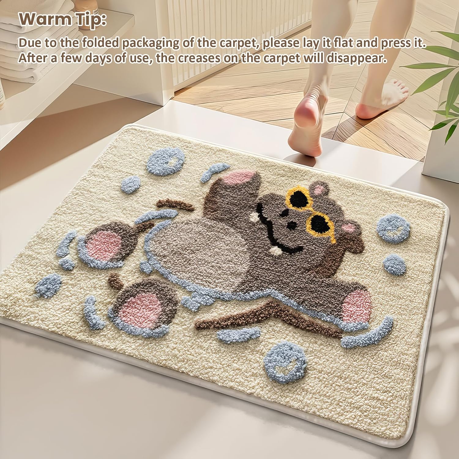 Animal Bath Mat, Cute Cartoon Hippo Floor Mat, Ultra Soft & Non-Slip Door Mat, Absorbent Microfiber Bath Rugs, Machine Washable Bath Rug Carpet for Toilet Bathtub Kitchen 20 x 31 Inch (Hippo Beige)
