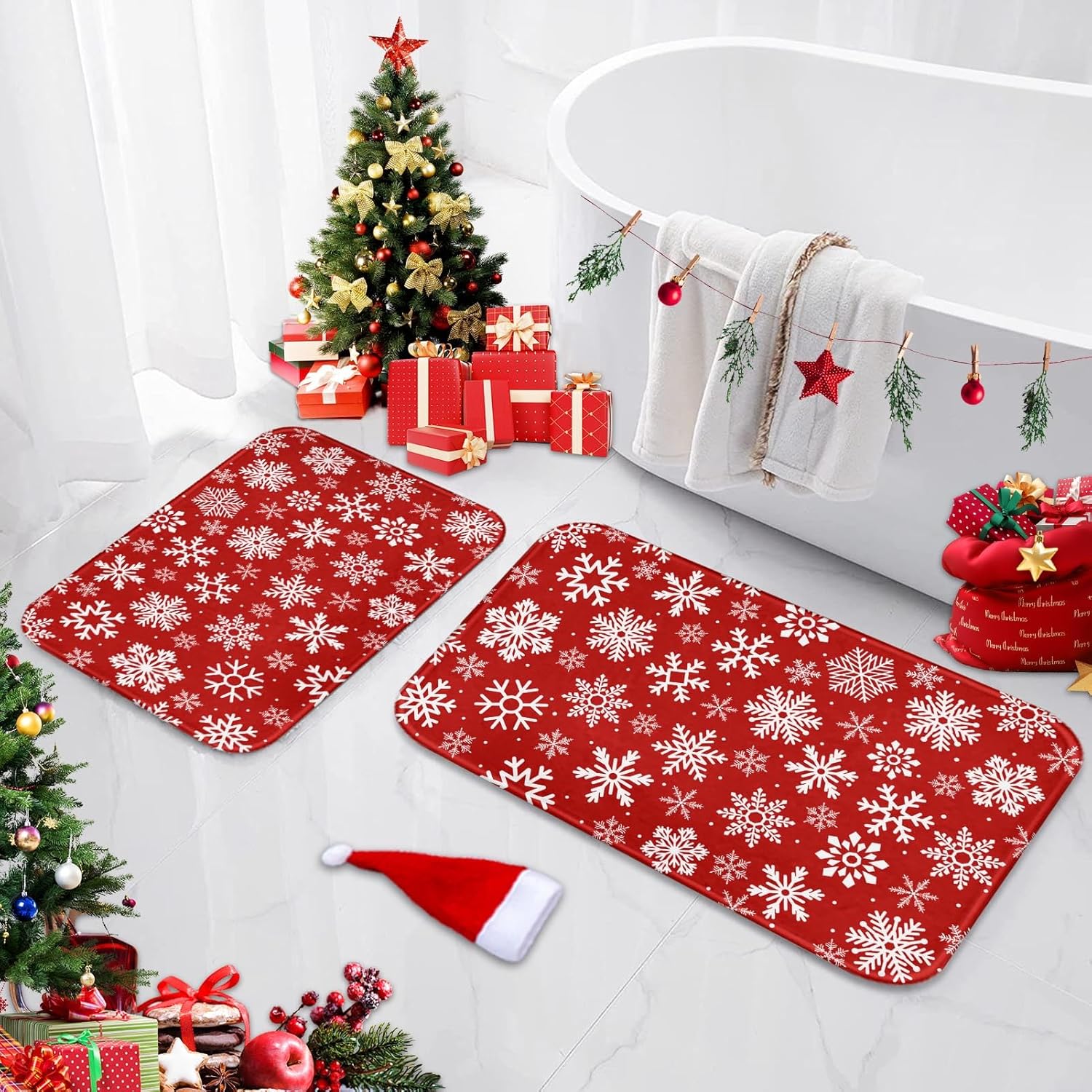 Winter White Geometric Snowflakes Red Bathroom Rugs and Mats Set 2 Piece Bath Rugs Non Slip Absorbent Microfiber Memory Foam Bath Mat Washable Bathroom Floor Mats