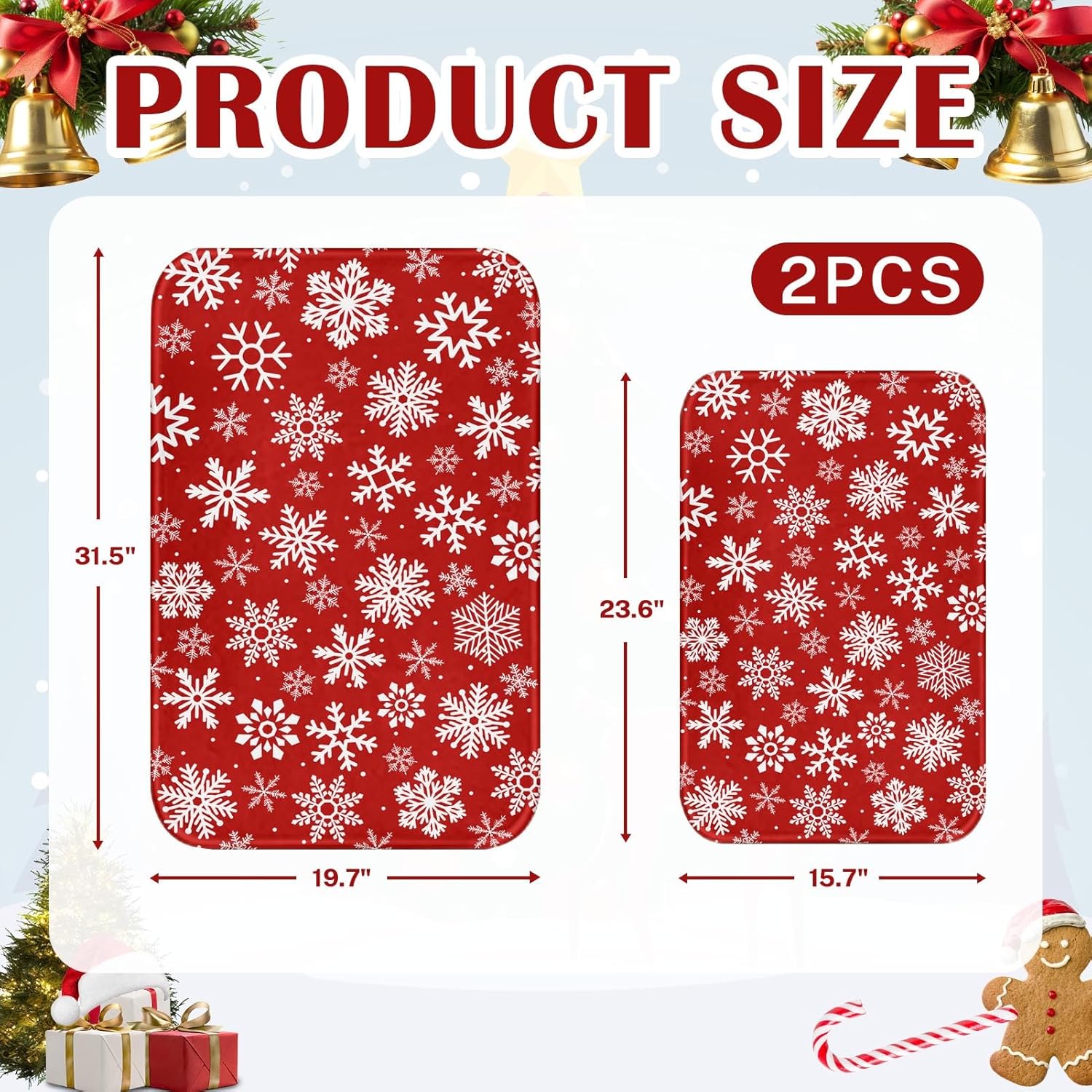 Winter White Geometric Snowflakes Red Bathroom Rugs and Mats Set 2 Piece Bath Rugs Non Slip Absorbent Microfiber Memory Foam Bath Mat Washable Bathroom Floor Mats