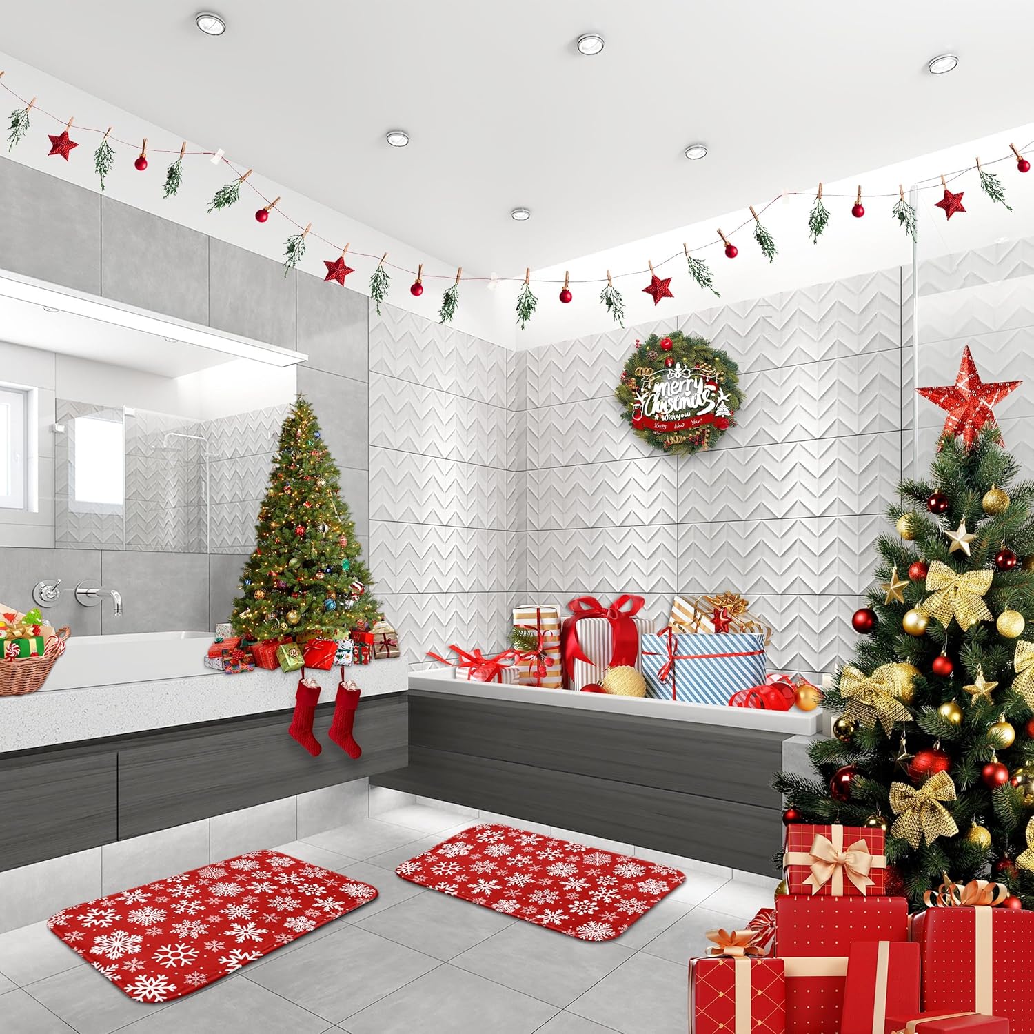 Winter White Geometric Snowflakes Red Bathroom Rugs and Mats Set 2 Piece Bath Rugs Non Slip Absorbent Microfiber Memory Foam Bath Mat Washable Bathroom Floor Mats