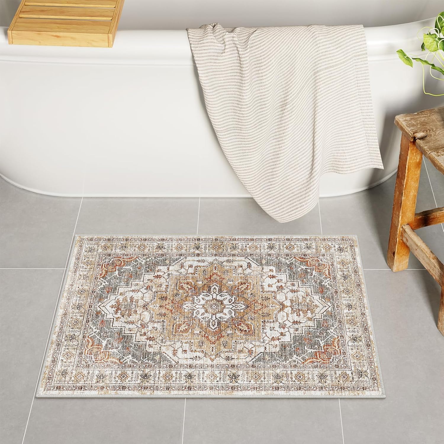 Bathroom Rugs Vintage Boho Bath Mats For Bathroom Light Khaki Small Bath Mat Comfy Velvet Non Slip Bath Rug Washable Bath Mat Shower Rug For Sink Shower Vanity 18X24 Inch (boho, 18X24 Inch)