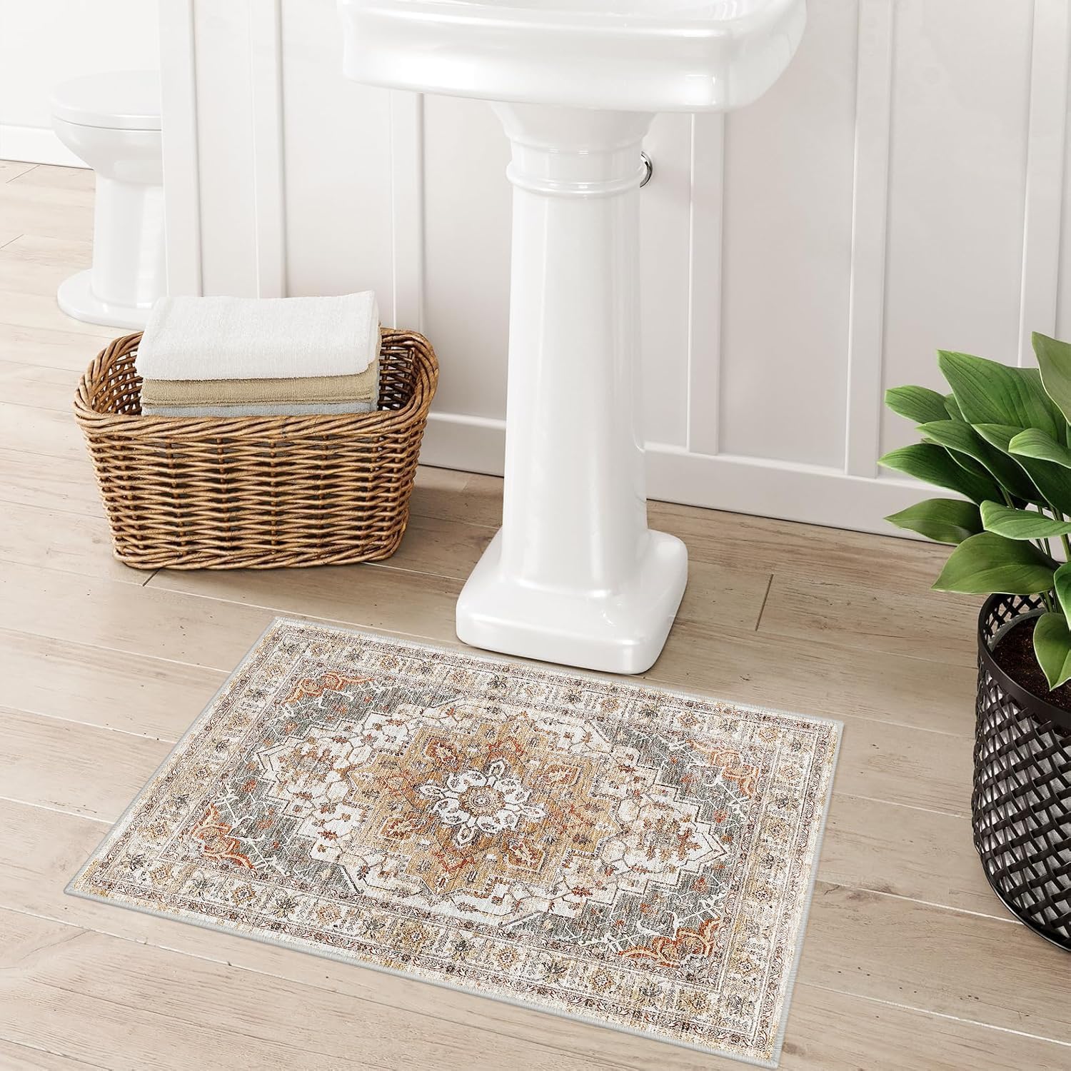 Bathroom Rugs Vintage Boho Bath Mats For Bathroom Light Khaki Small Bath Mat Comfy Velvet Non Slip Bath Rug Washable Bath Mat Shower Rug For Sink Shower Vanity 18X24 Inch (boho, 18X24 Inch)