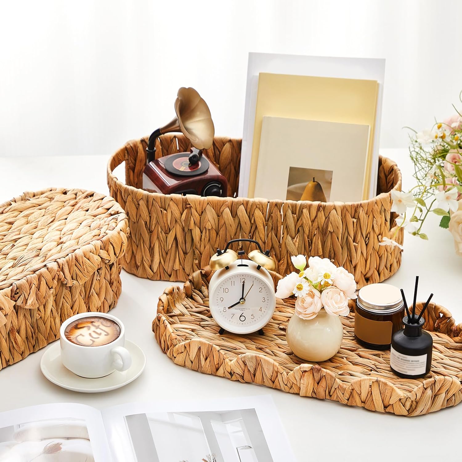 2 Pack Toilet Paper Storage Basket with Lid Two Water Hyacinth Woven Wicker Bathroom Organizer Farmhouse Boho Decorative Toilet Tank Top Holder Bath Accessories