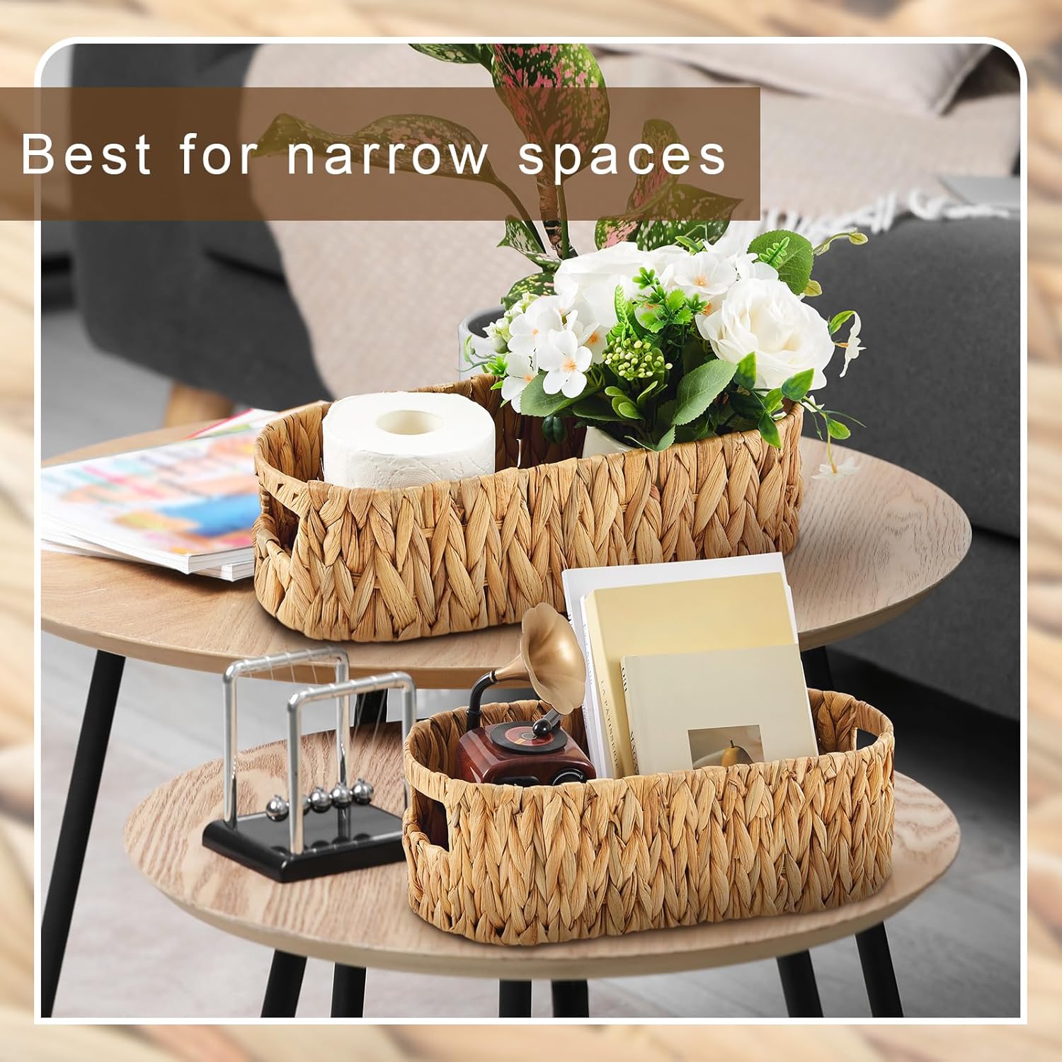 2 Pack Toilet Paper Storage Basket with Lid Two Water Hyacinth Woven Wicker Bathroom Organizer Farmhouse Boho Decorative Toilet Tank Top Holder Bath Accessories