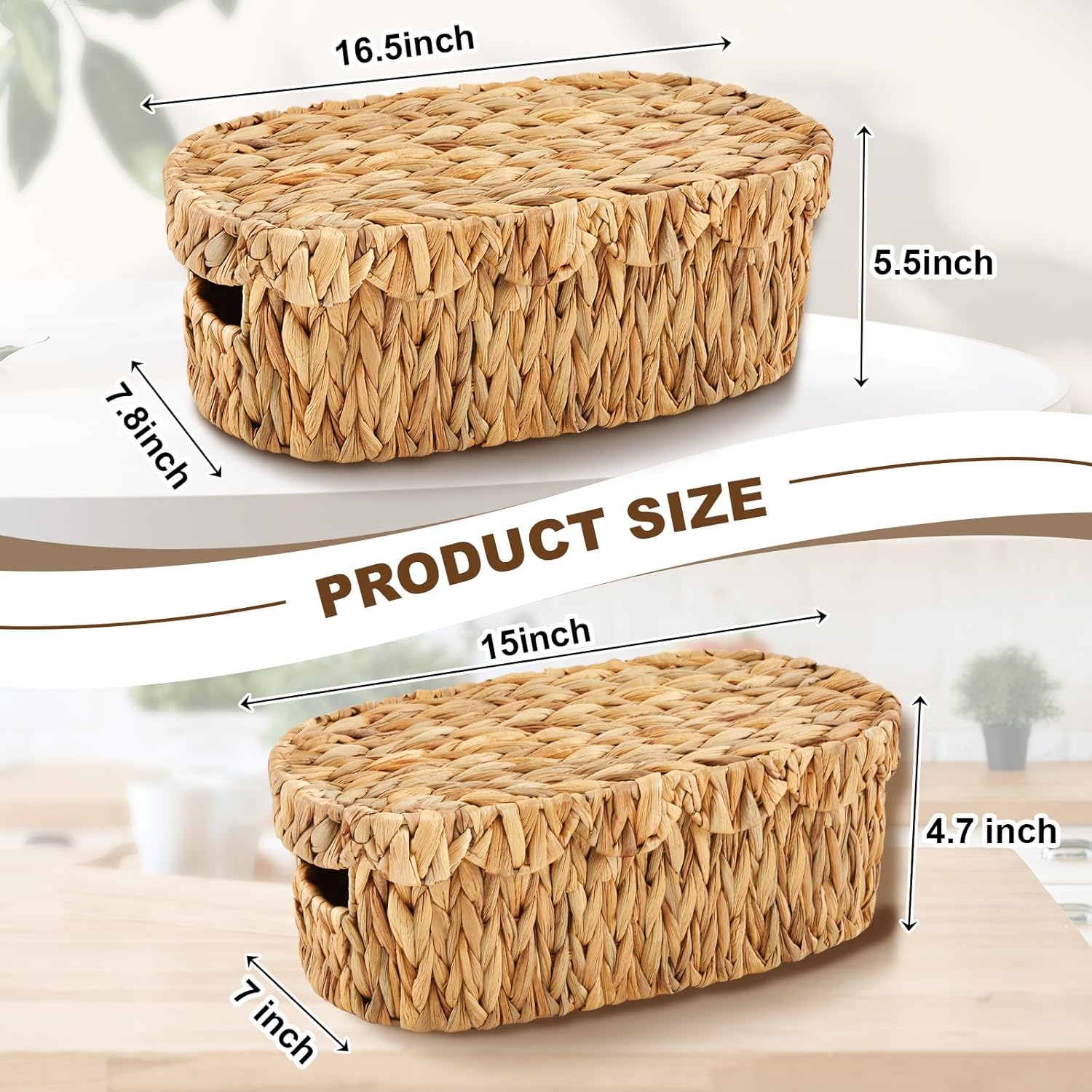 2 Pack Toilet Paper Storage Basket with Lid Two Water Hyacinth Woven Wicker Bathroom Organizer Farmhouse Boho Decorative Toilet Tank Top Holder Bath Accessories