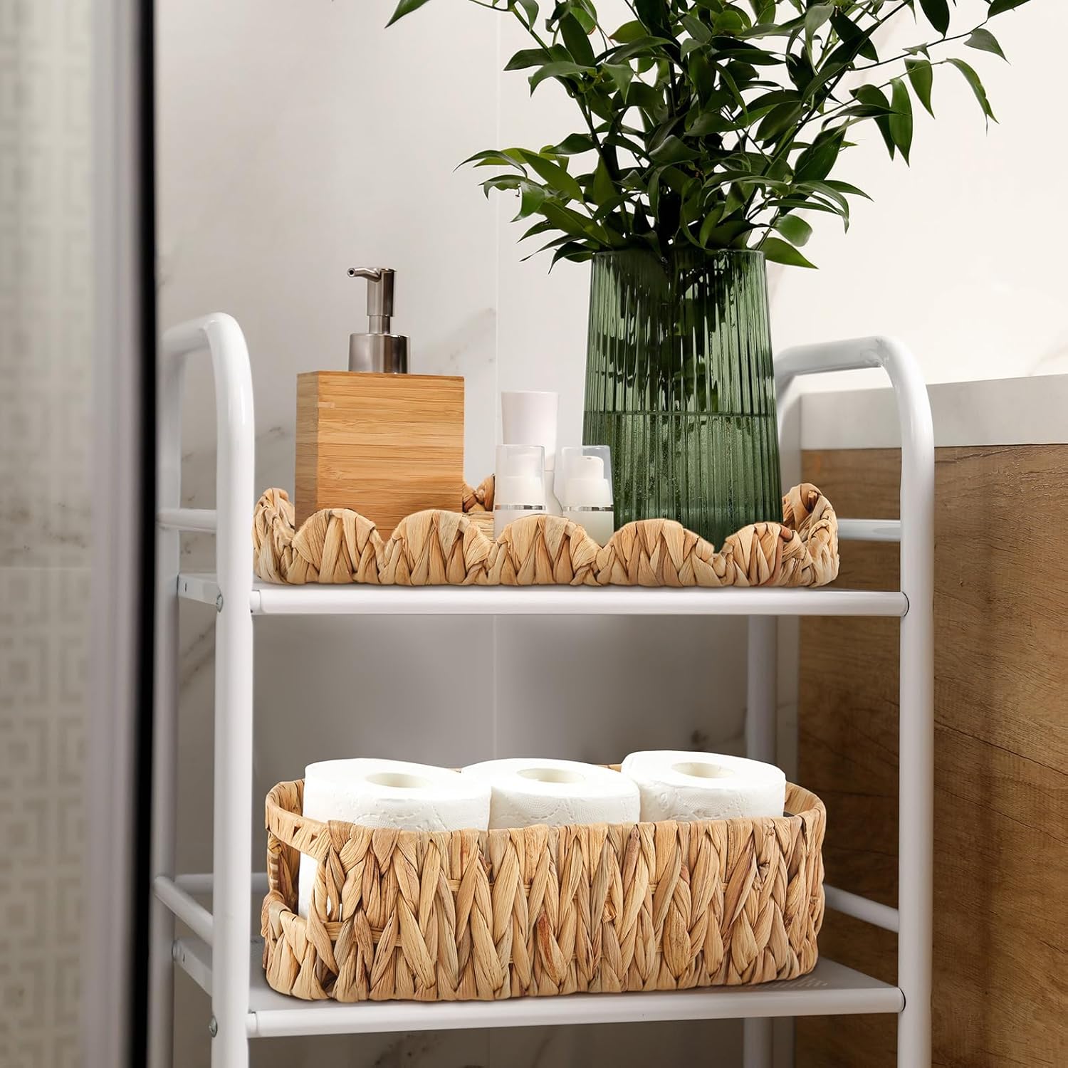 2 Pack Toilet Paper Storage Basket with Lid Two Water Hyacinth Woven Wicker Bathroom Organizer Farmhouse Boho Decorative Toilet Tank Top Holder Bath Accessories
