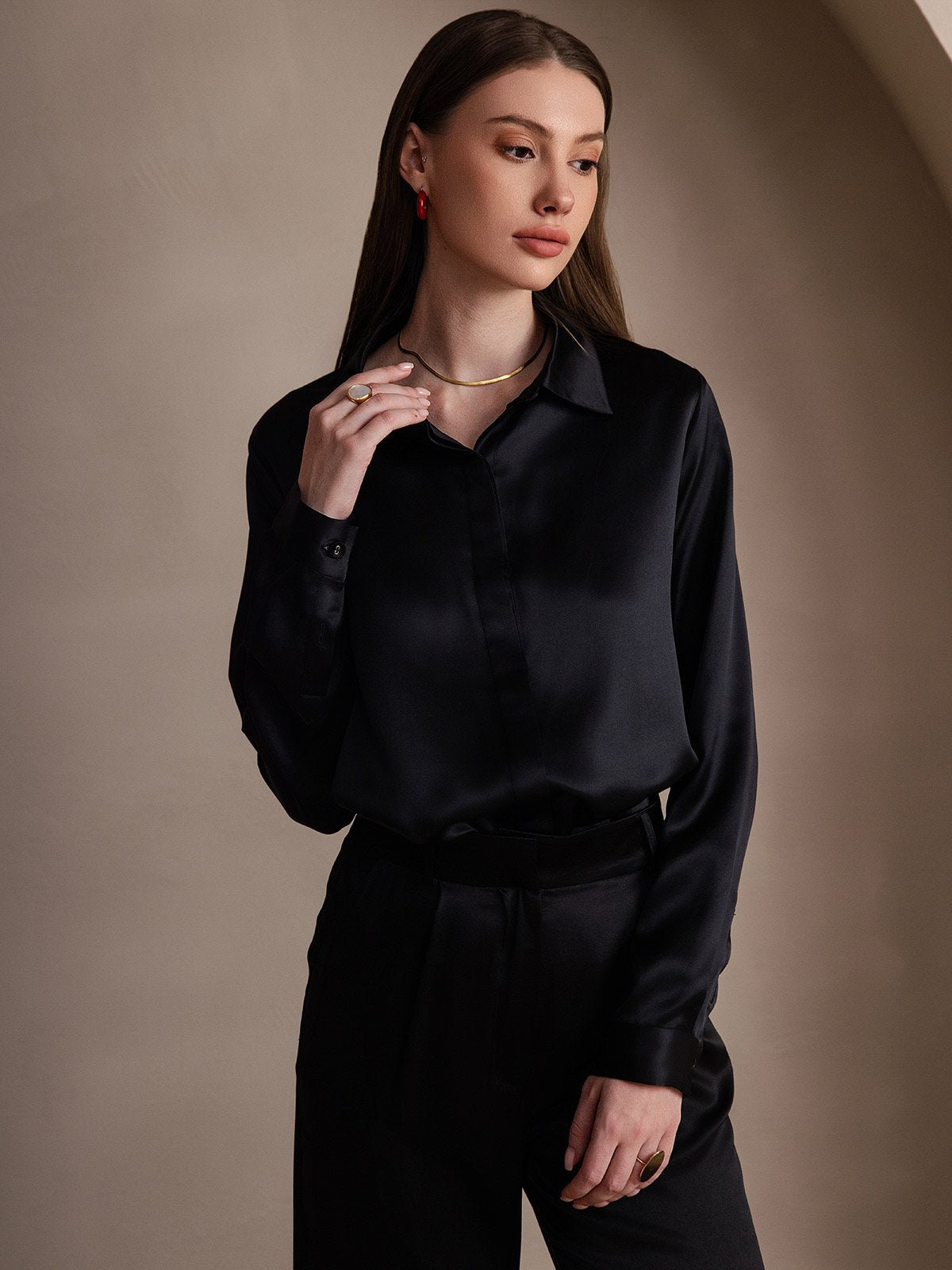 19Momme Silk Long Sleeve Lapel Collar Women's Shirt